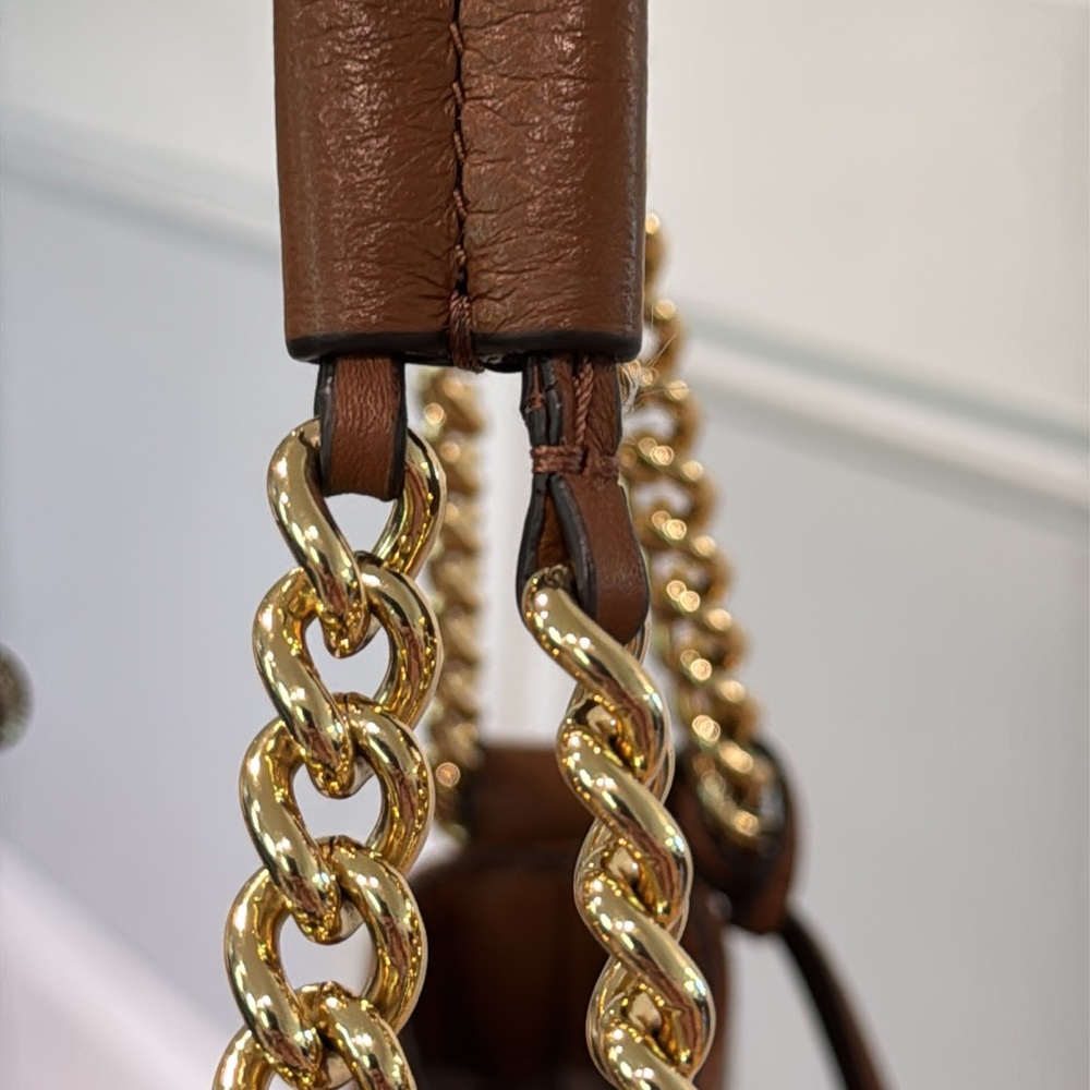 Michael Kors Bag  Brown Pebbled Leather Hobo Bag with Gold Studs and Gold Chain - Picture 17 of 17